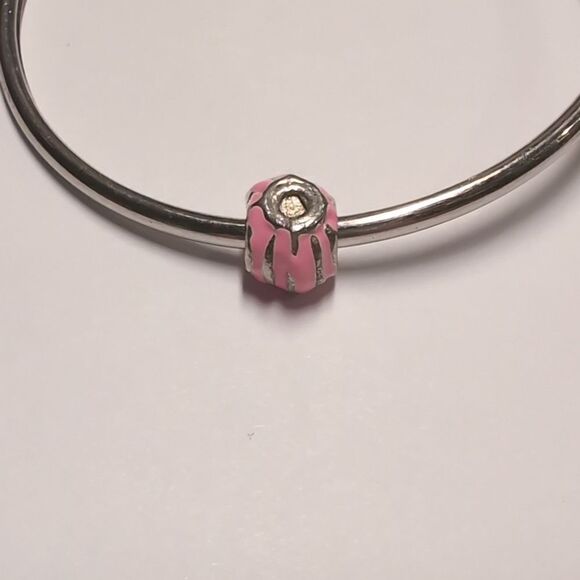 Silver and Pink Enamel Stripes‎ Metal Charm for Pandora Style Bracelet - Picture 1 of 3